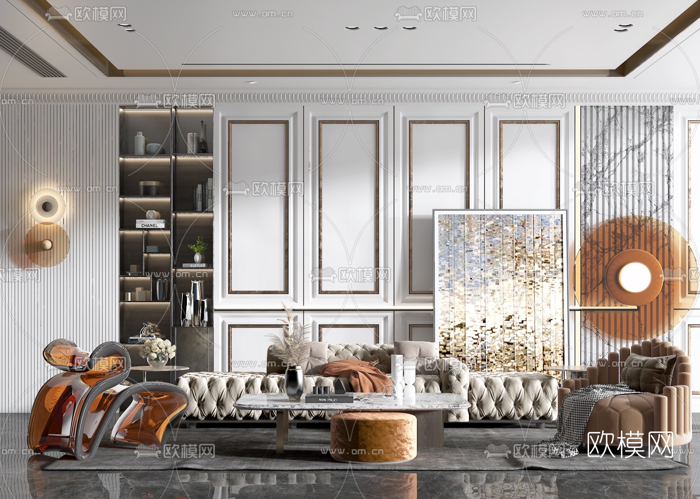 欧式布艺多人沙发组合3d模型下载（渲染图1）