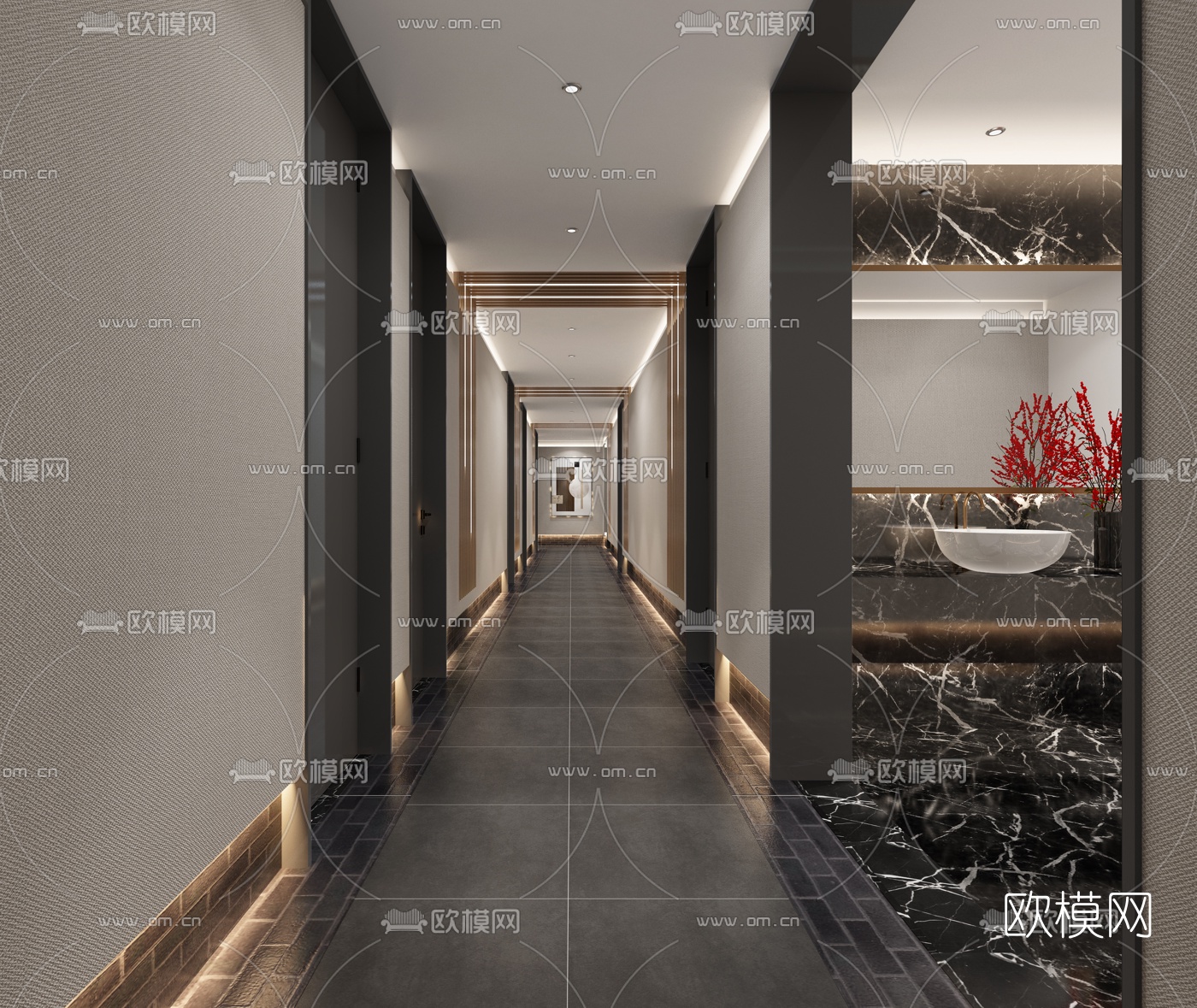 现代轻奢酒店过道3d模型