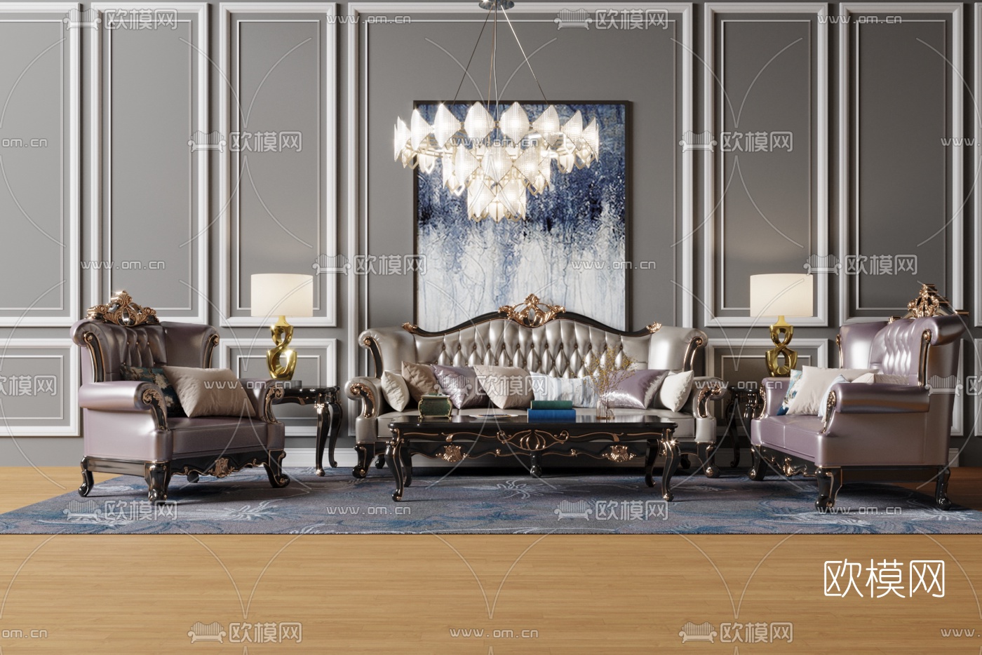 欧式皮革沙发组合3d模型-免费3dmax模型库-欧模网
