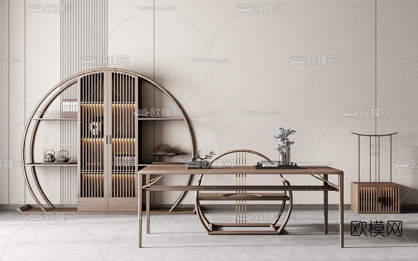 新中式实木书桌椅博古架3d模型下载