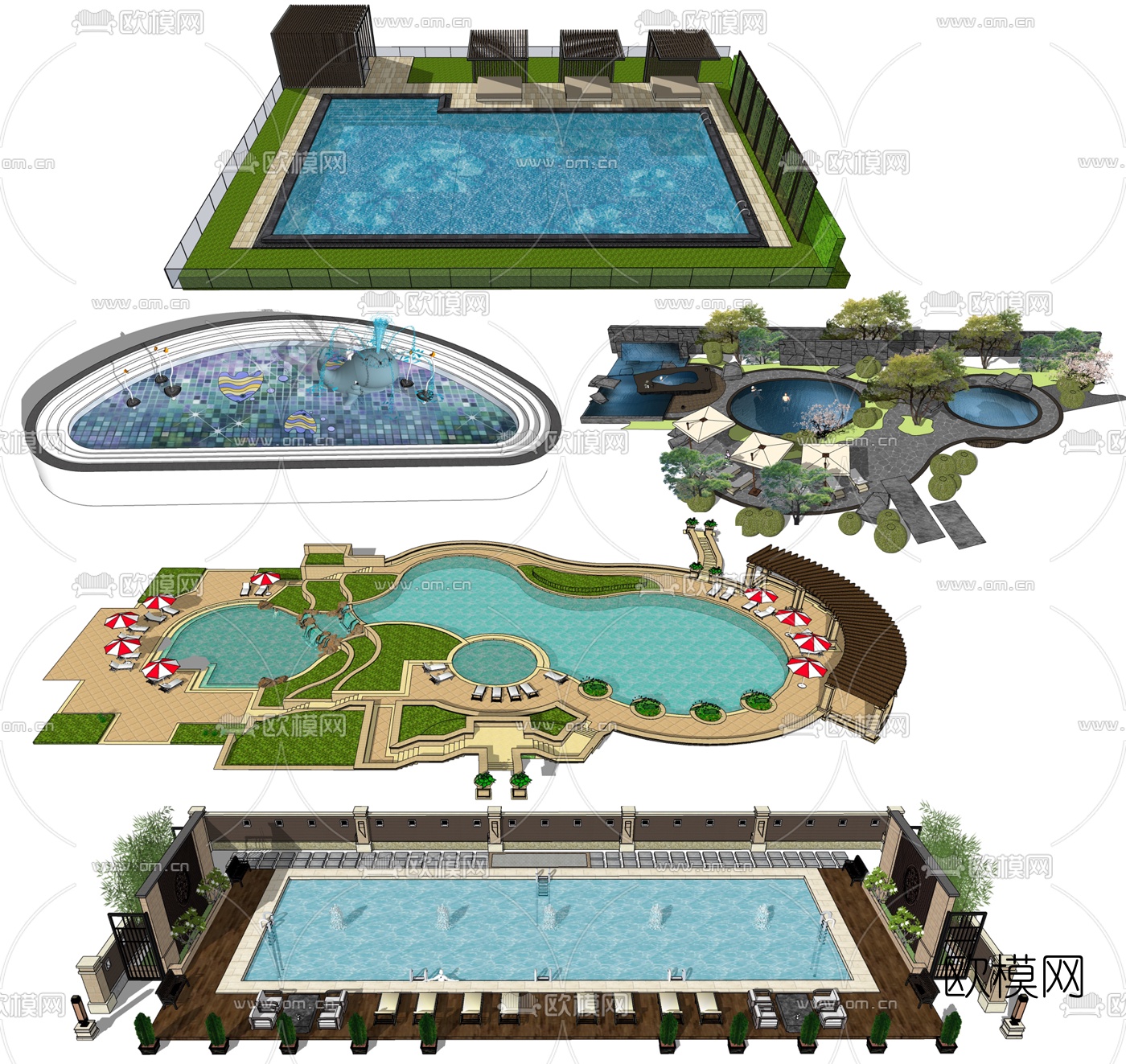 现代户外露天泳池su模型下载