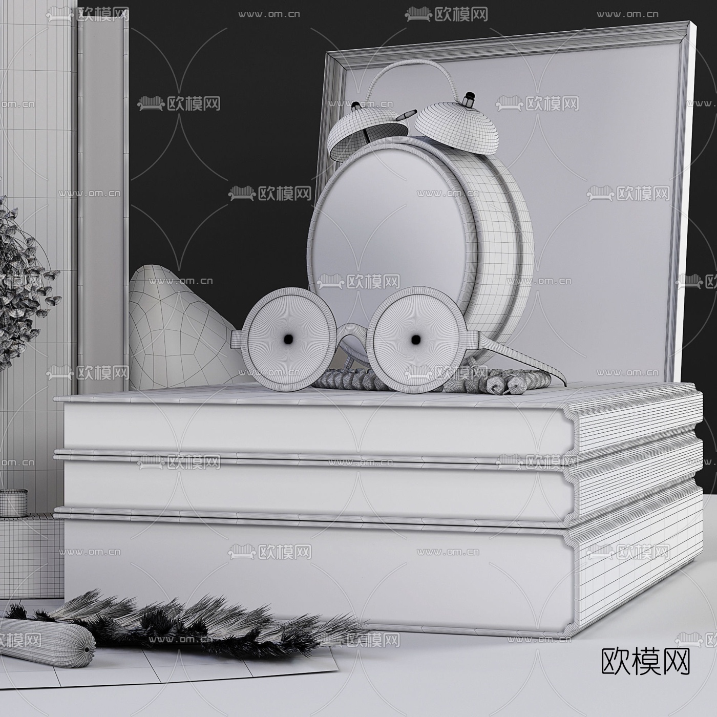 简欧复古花瓶花艺摆钟书籍摆件3d模型下载（渲染图3）