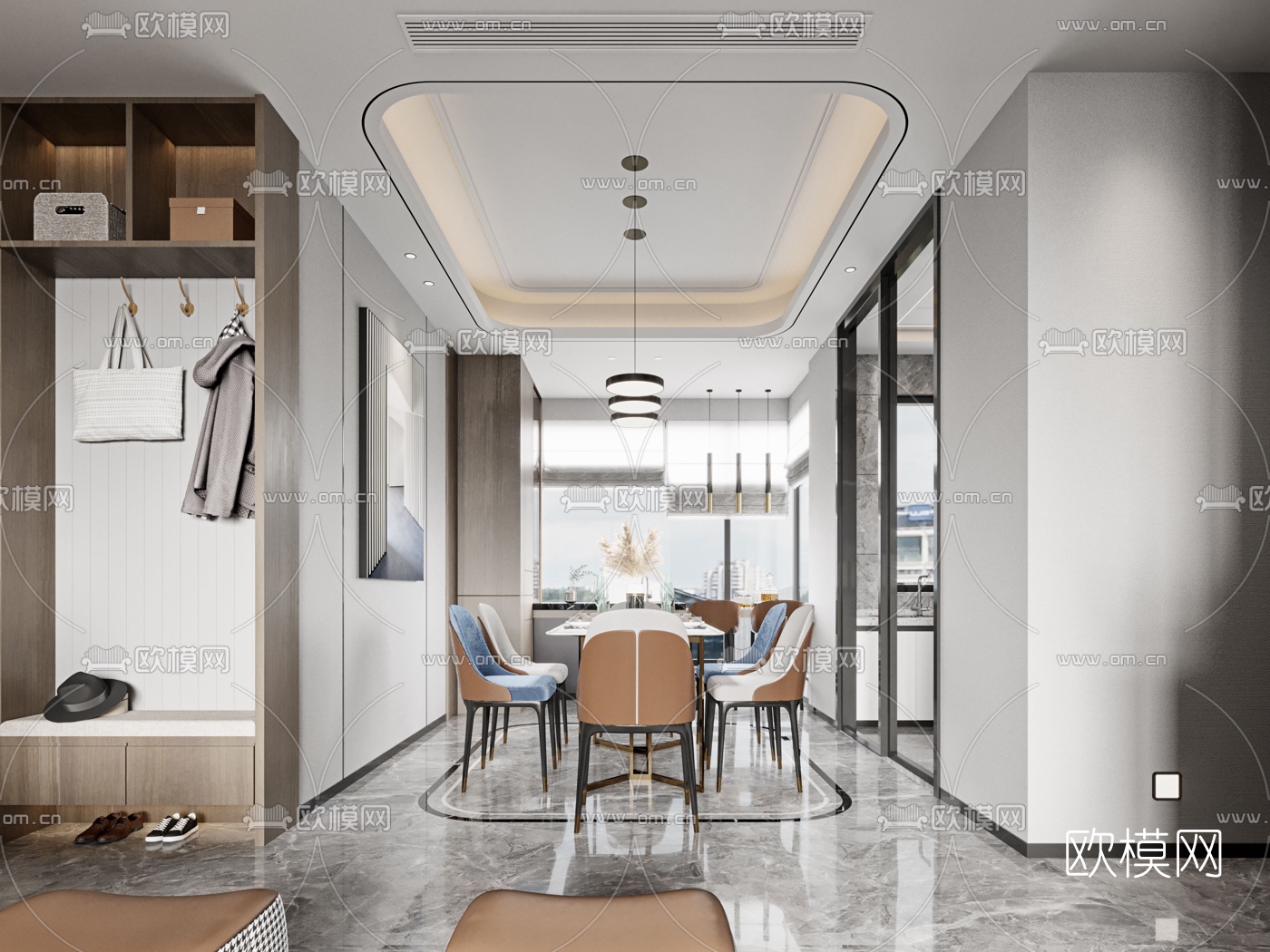 现代轻奢客厅餐厅3d模型下载（渲染图2）