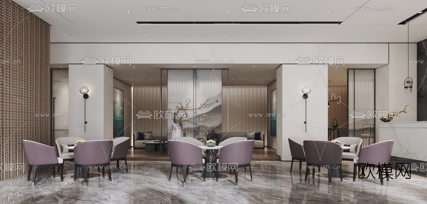 新中式售楼处接待处3d模型下载（渲染图2）