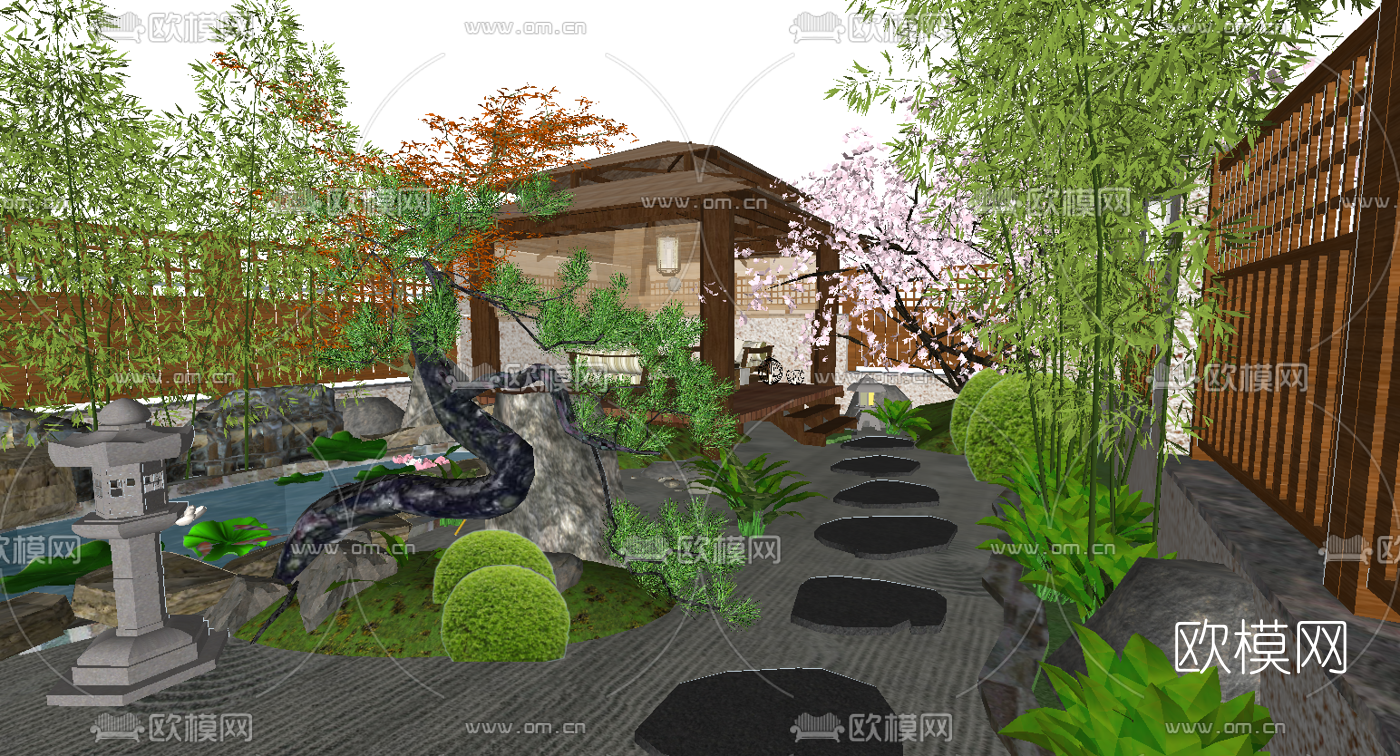 日式别墅庭院景观su模型下载（渲染图1）