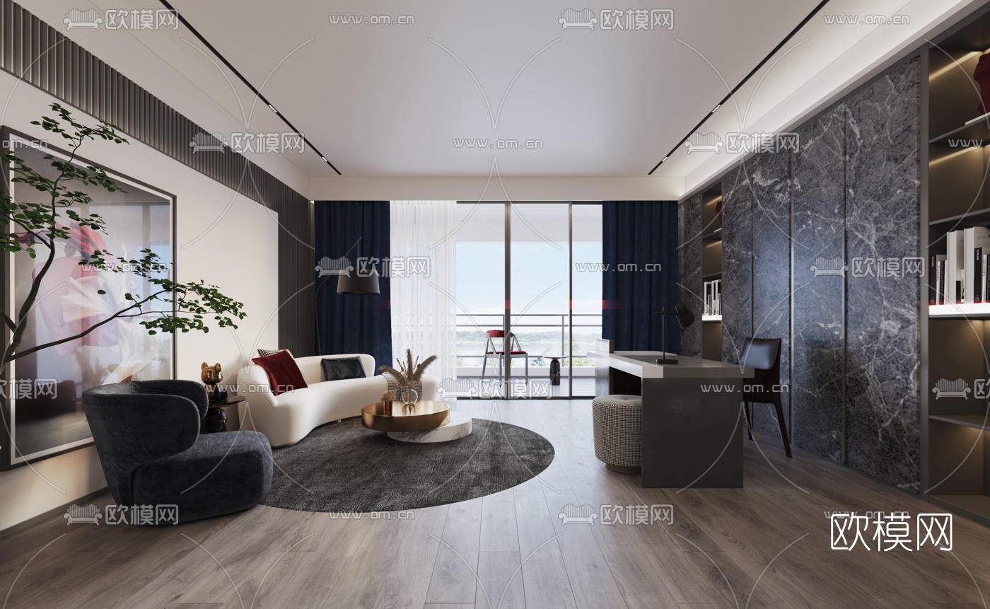 现代简约起居室3d模型下载（渲染图2）