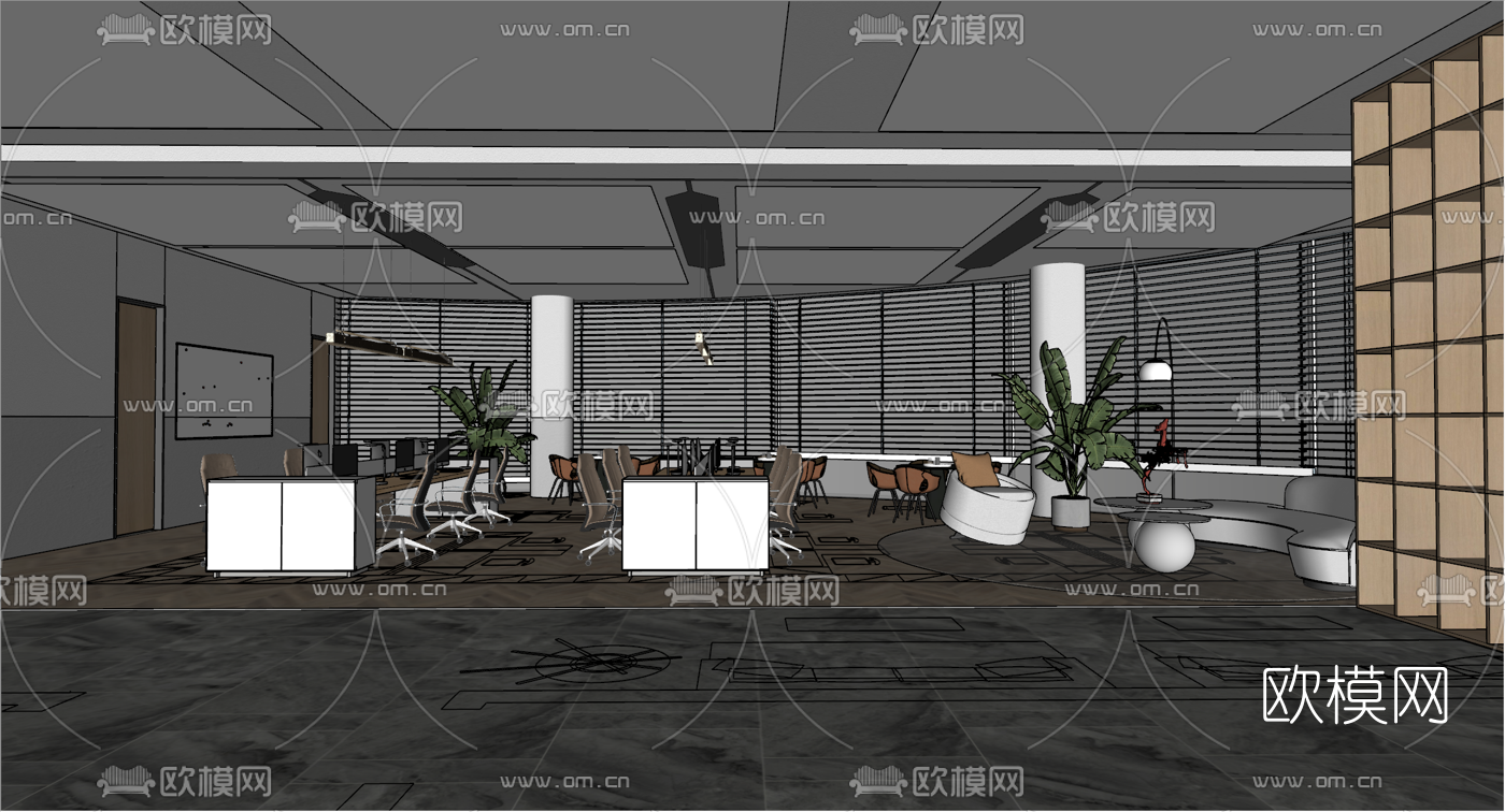 现代敞开式办公区su模型下载（渲染图2）