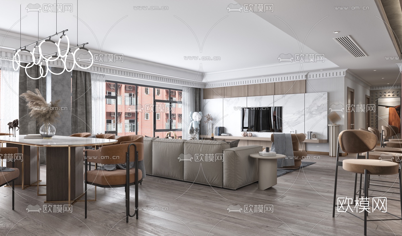 简欧轻奢客厅餐厅3d模型下载（渲染图6）