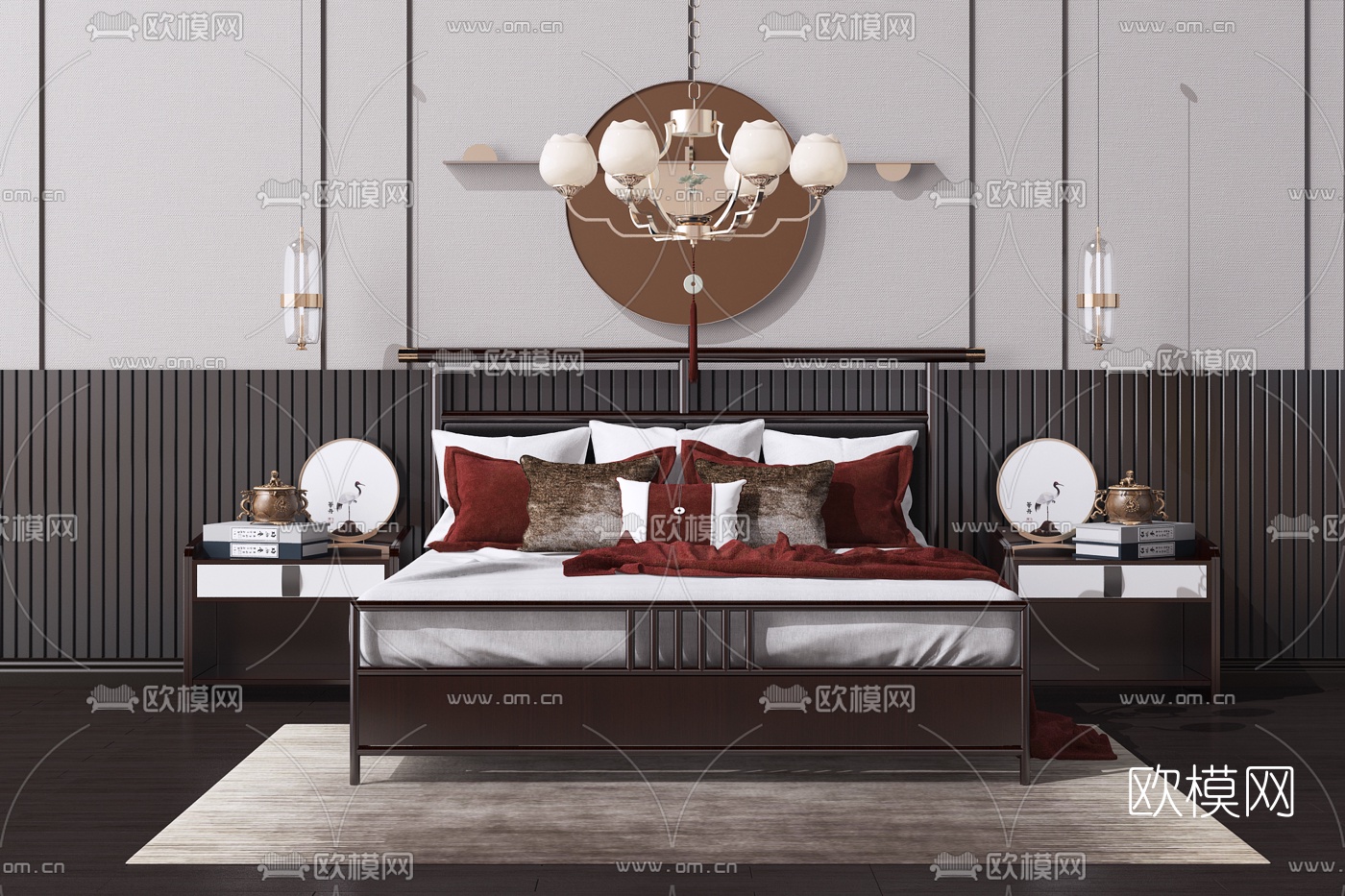 新中式布艺双人床su模型下载（渲染图2）