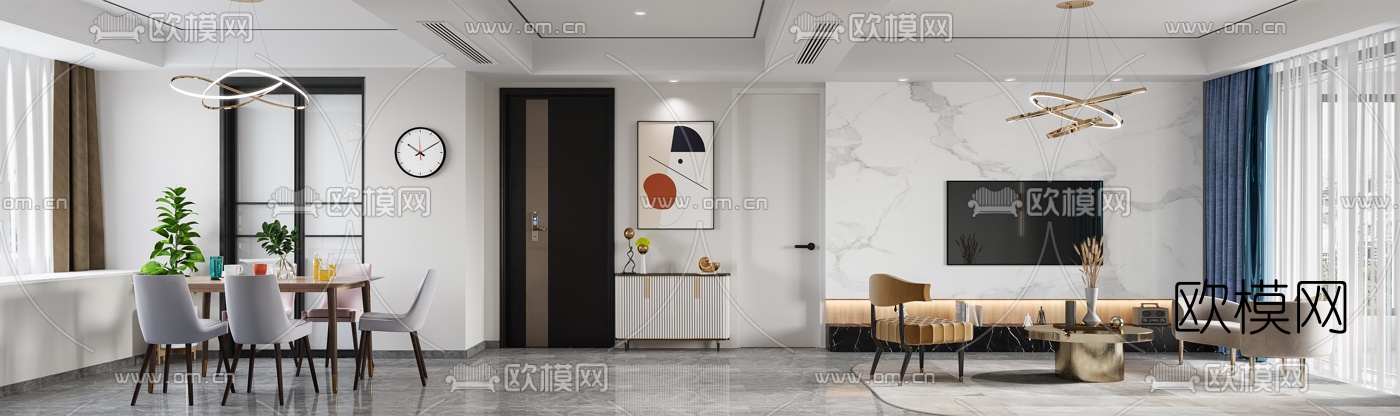 现代轻奢客厅餐厅3d模型