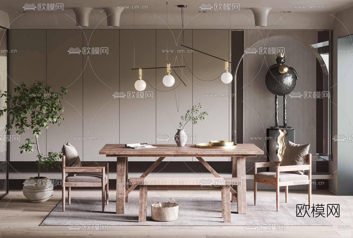 北欧原木餐桌椅3d模型下载（渲染图1）