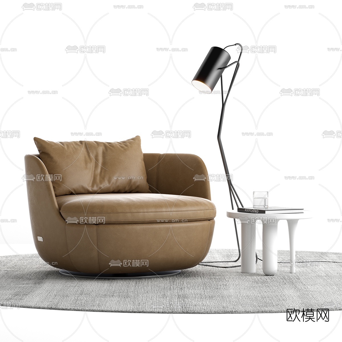 现代皮革单人沙发边几3d模型下载（渲染图1）