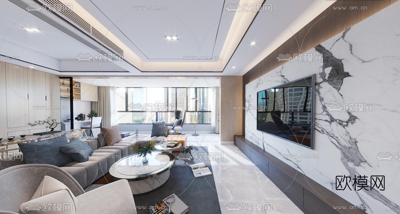 现代客厅餐厅cr全景3d模型