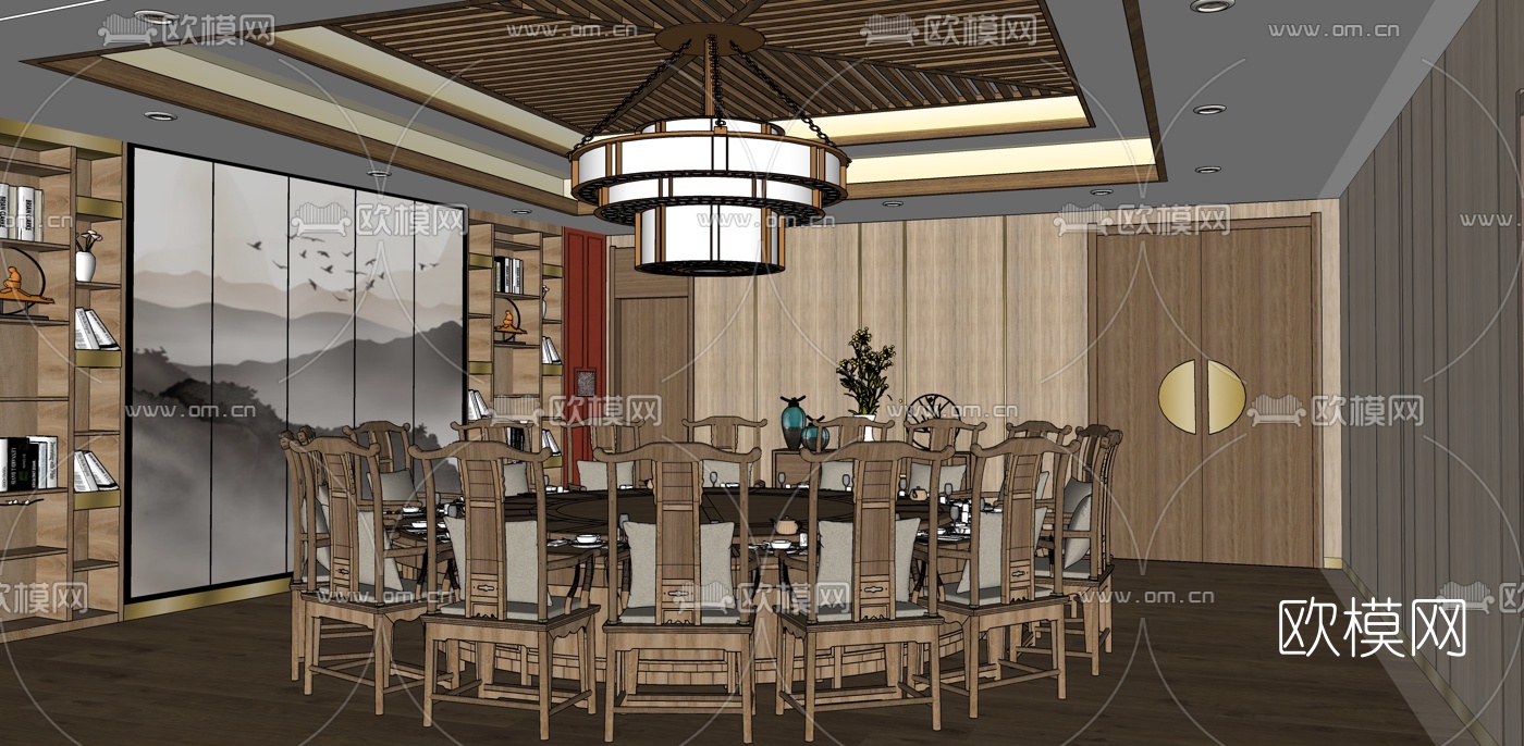 新中式餐厅包间su模型