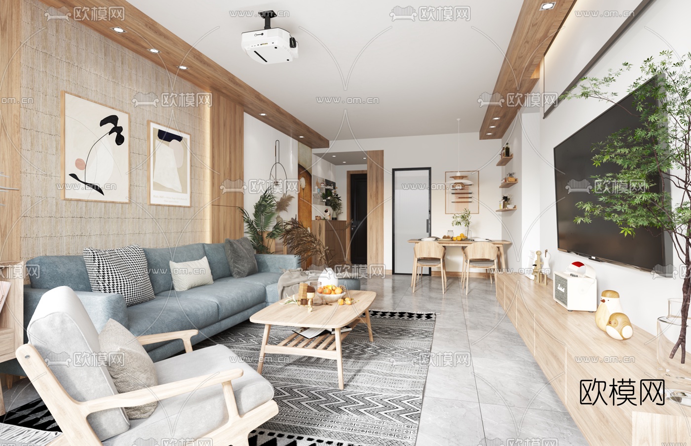 日式客厅餐厅3d模型下载（渲染图3）