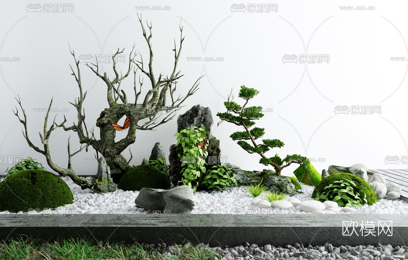 新中式树灌木石头小品3d模型