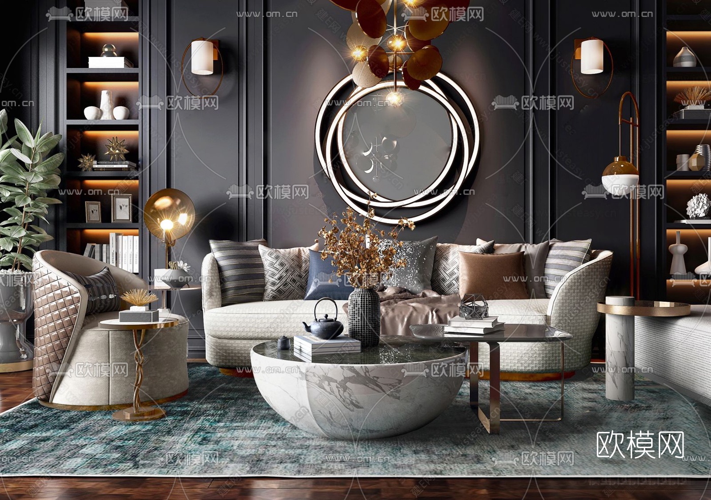 简欧布艺沙发组合3d模型下载