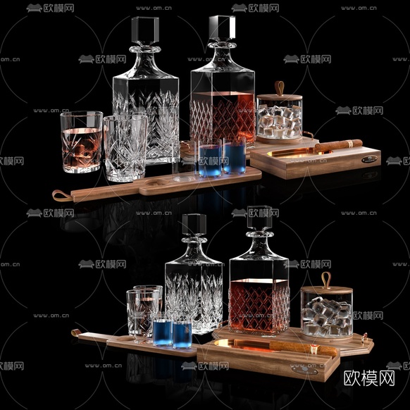现代雪茄酒瓶酒杯洋酒3d模型下载