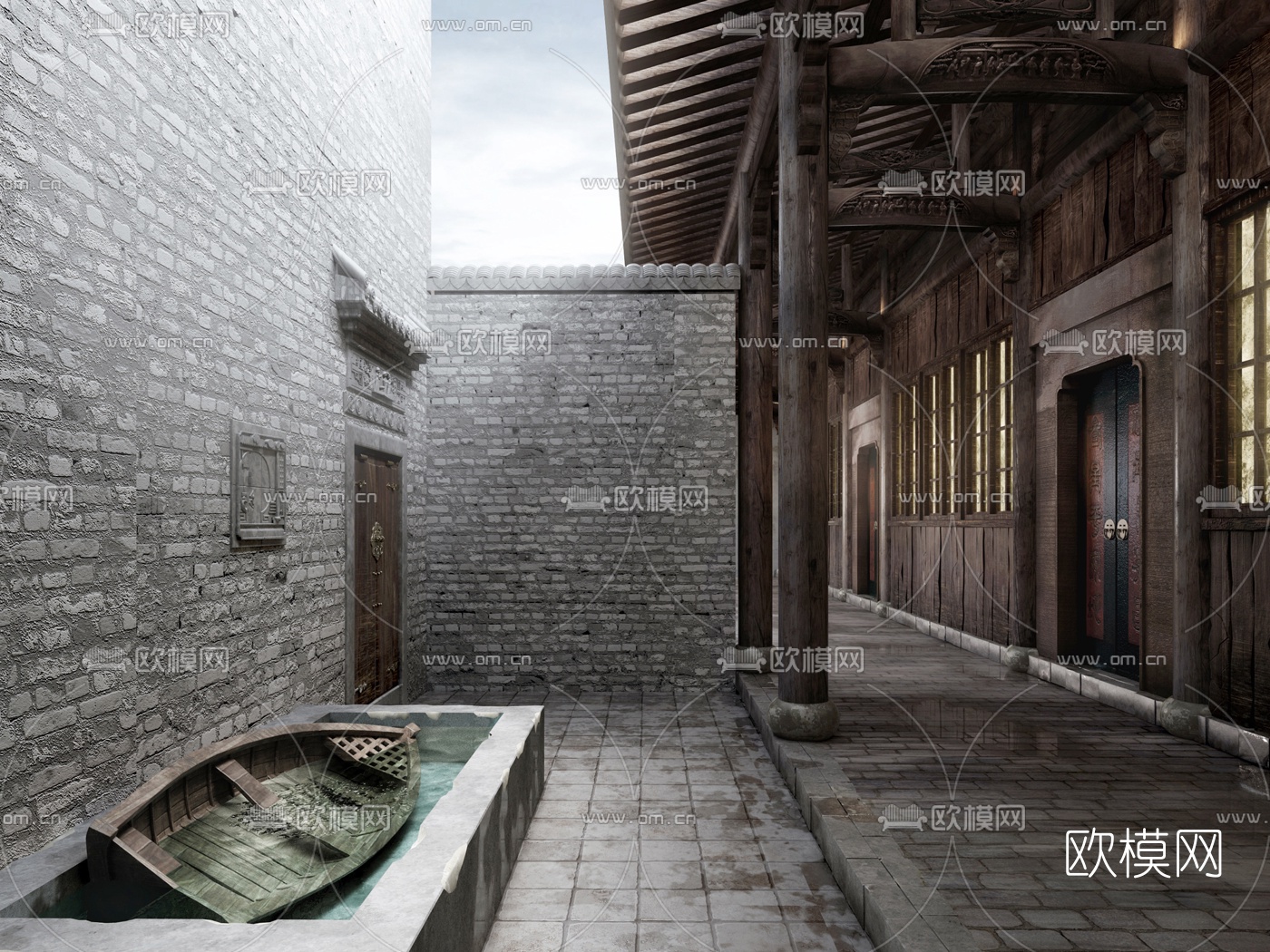 自然风民宿大堂走廊3d模型