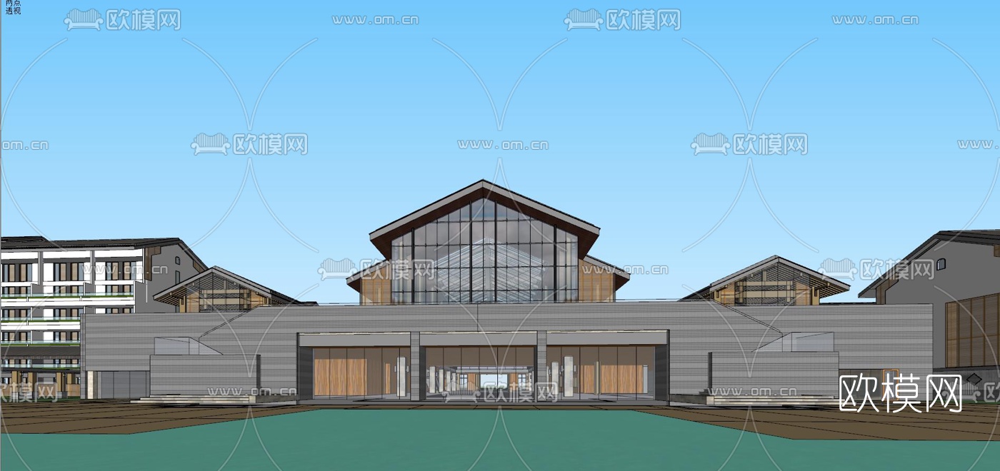 新中式养老中心外观su模型下载（渲染图3）