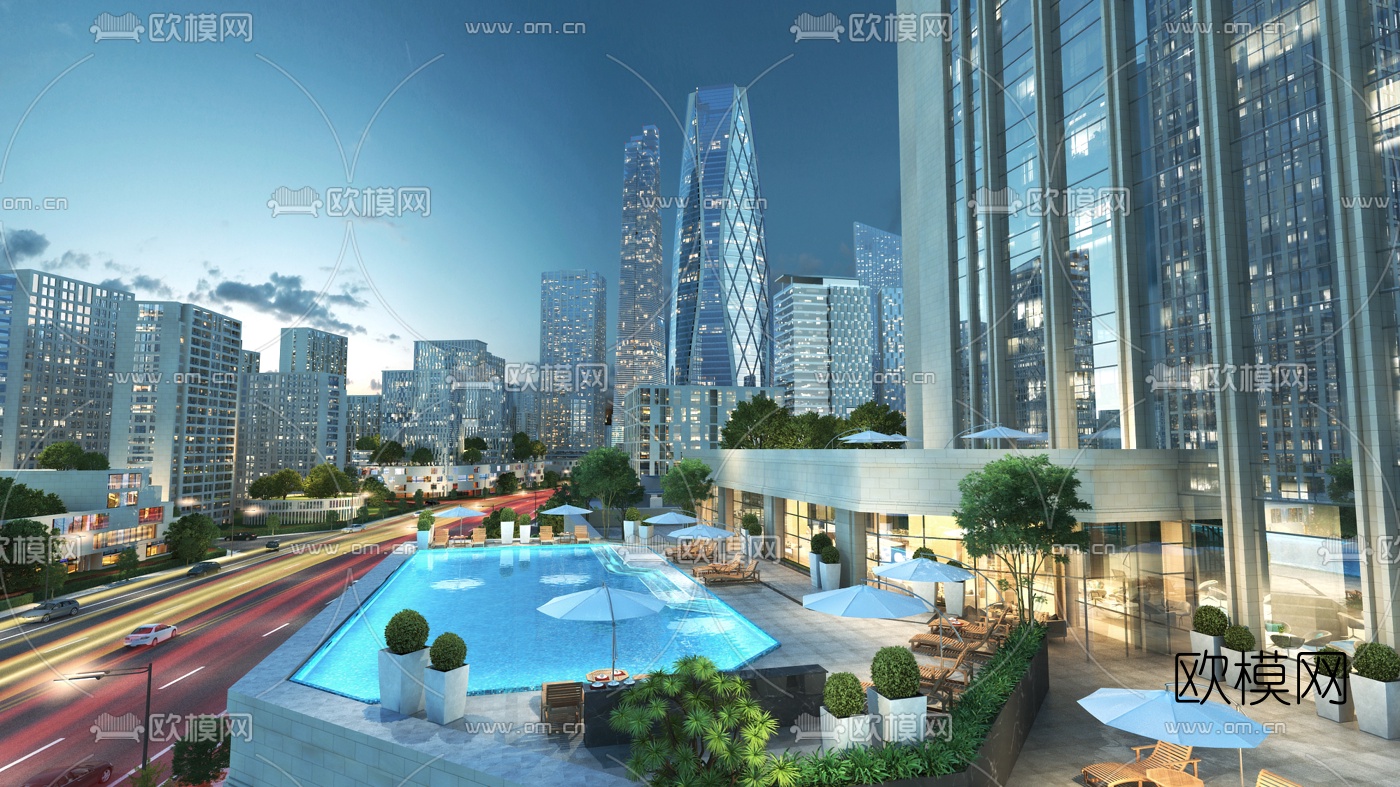 现代酒店露台泳池夜景3d模型