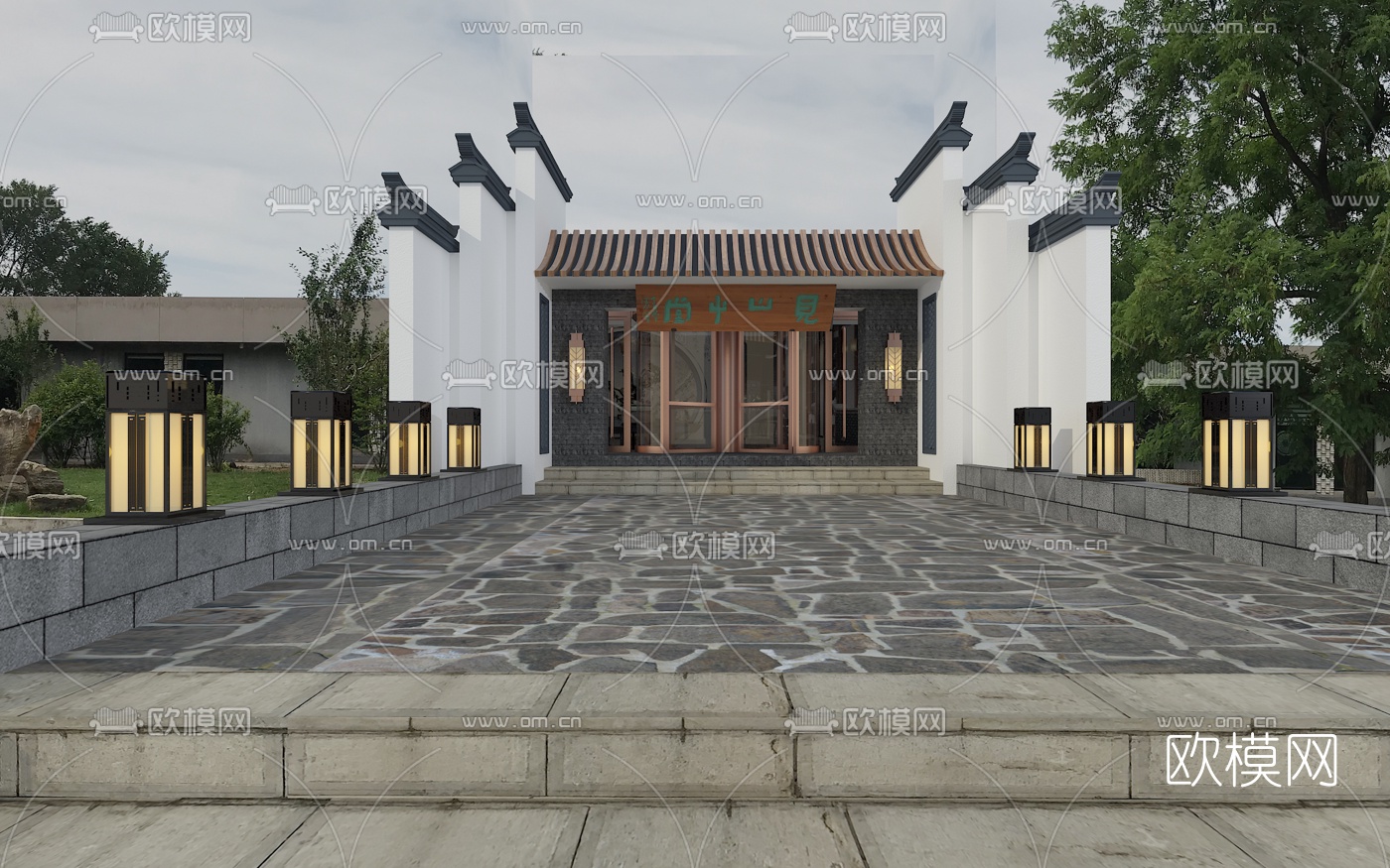 新中式民宿会所门面免费3d模型下载（渲染图1）