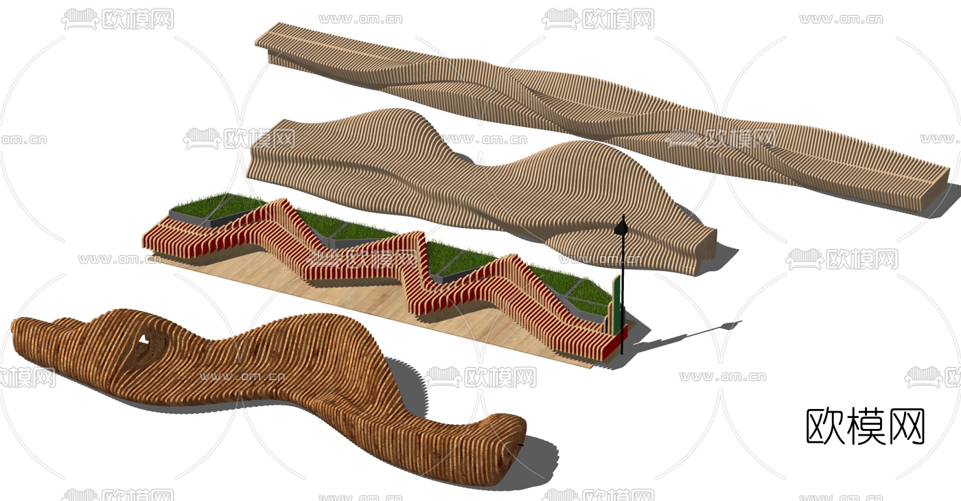 现代异形木条公共休息座椅su模型下载（渲染图1）