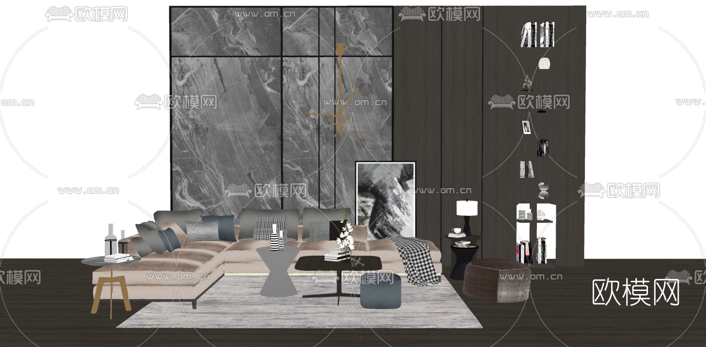 现代布艺转角沙发组合su模型下载