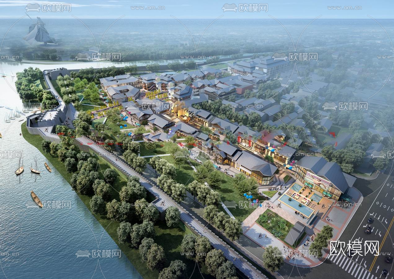 新中式景区商业步行街su模型下载（渲染图2）