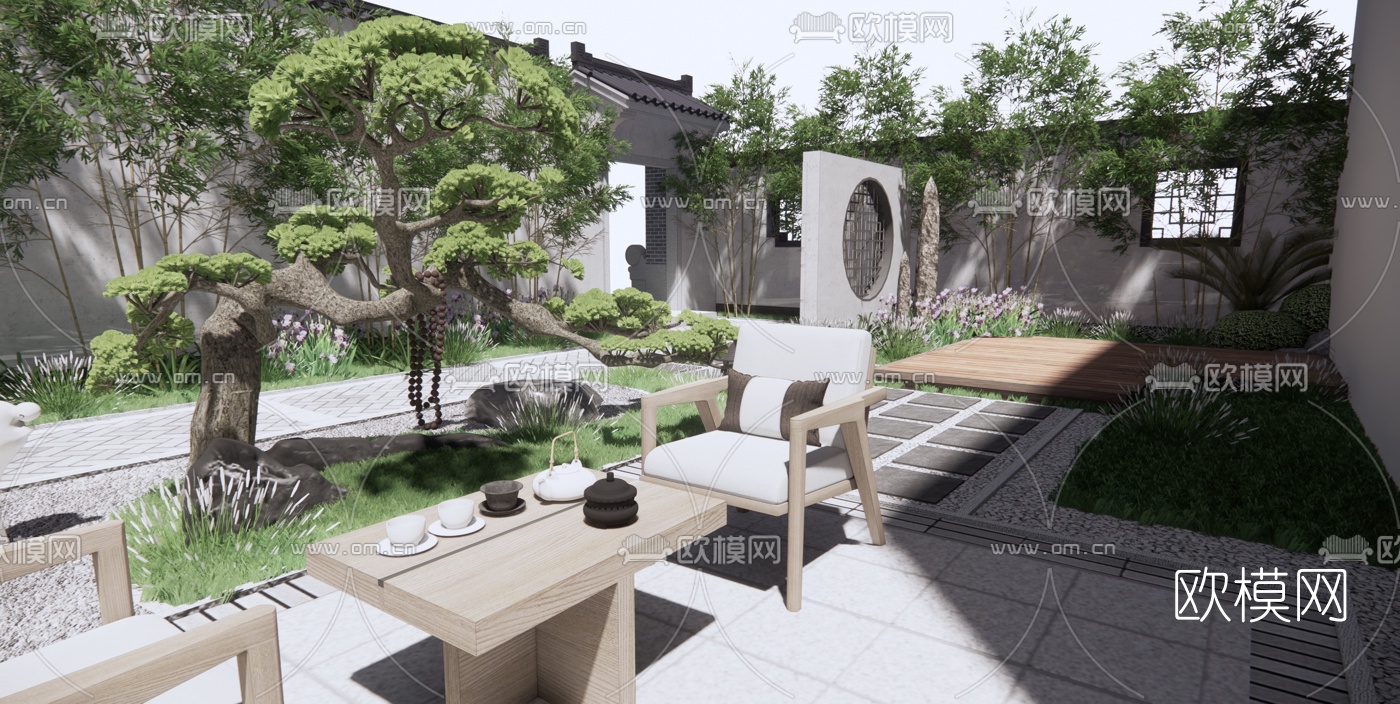 新中式庭院景观su模型下载（渲染图1）