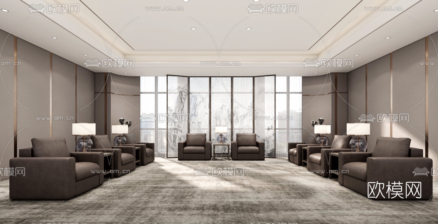 新中式贵宾接待室su模型下载（渲染图1）