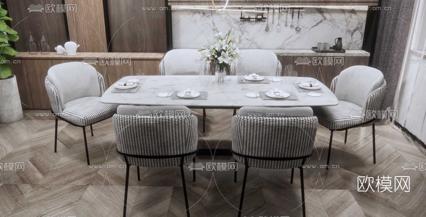 现代条形餐桌椅su模型下载（渲染图2）