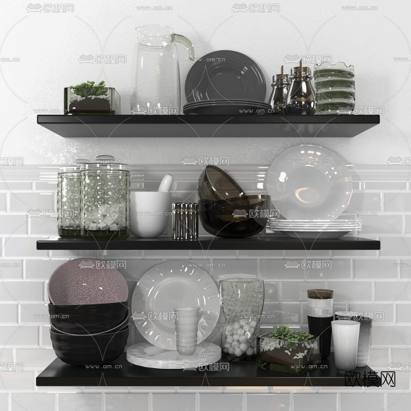 北欧陶瓷玻璃碗碟餐具3d模型下载（渲染图1）