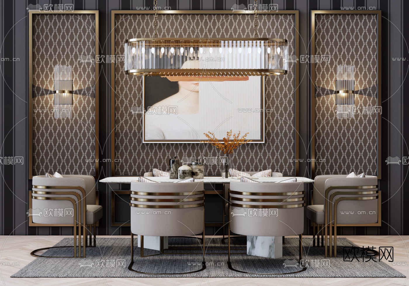 现代轻奢餐桌椅su模型下载（渲染图1）