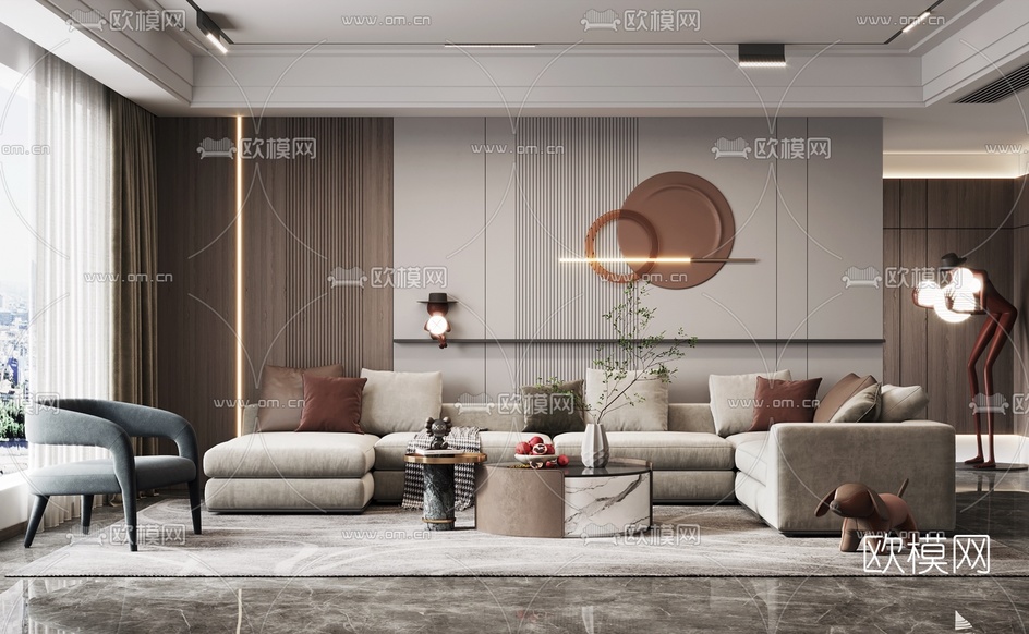 现代布艺转角沙发组合3d模型下载(渲染图1)