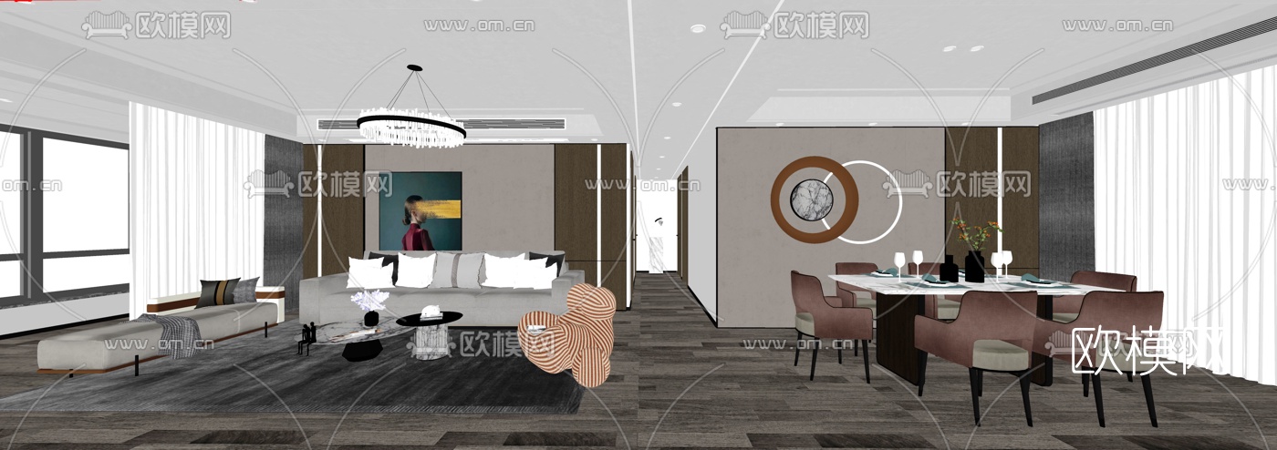 现代轻奢客厅餐厅su模型下载（渲染图2）
