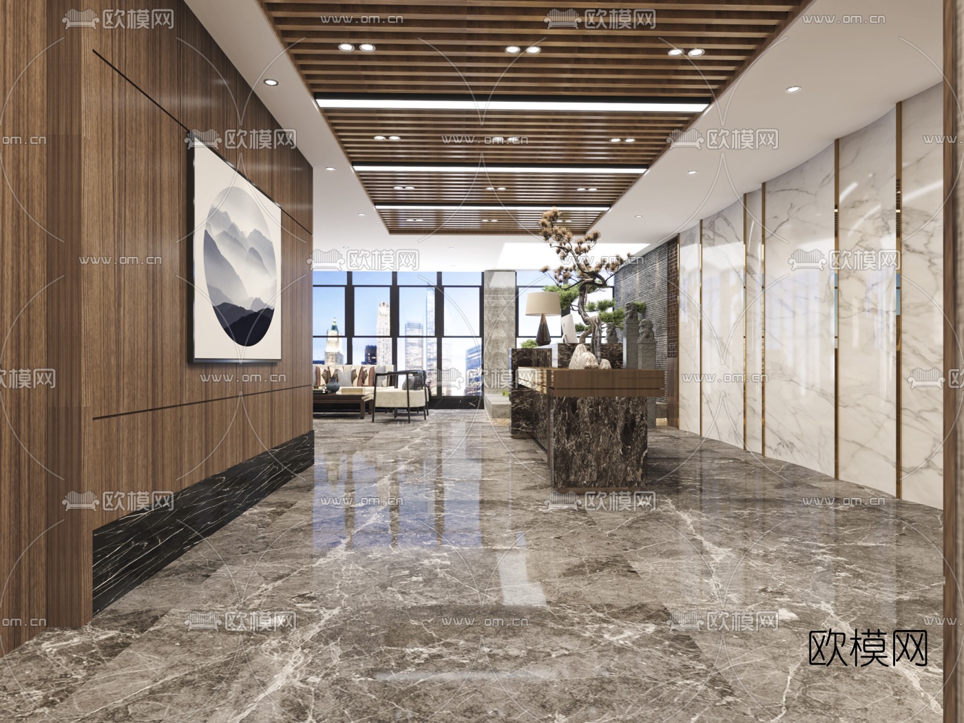 新中式前台接待台走廊3d模型下载（渲染图2）