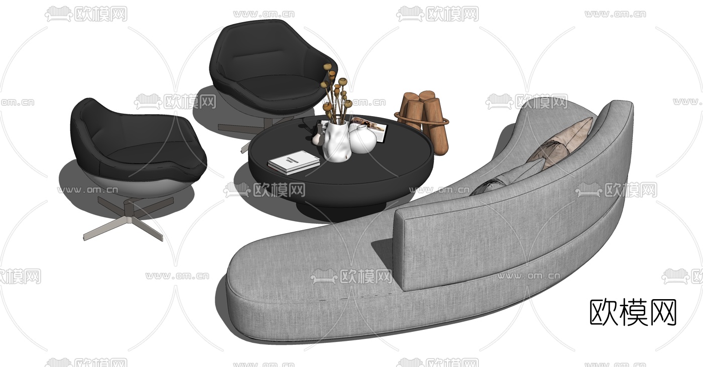 现代布艺组合沙发su模型下载（渲染图1）