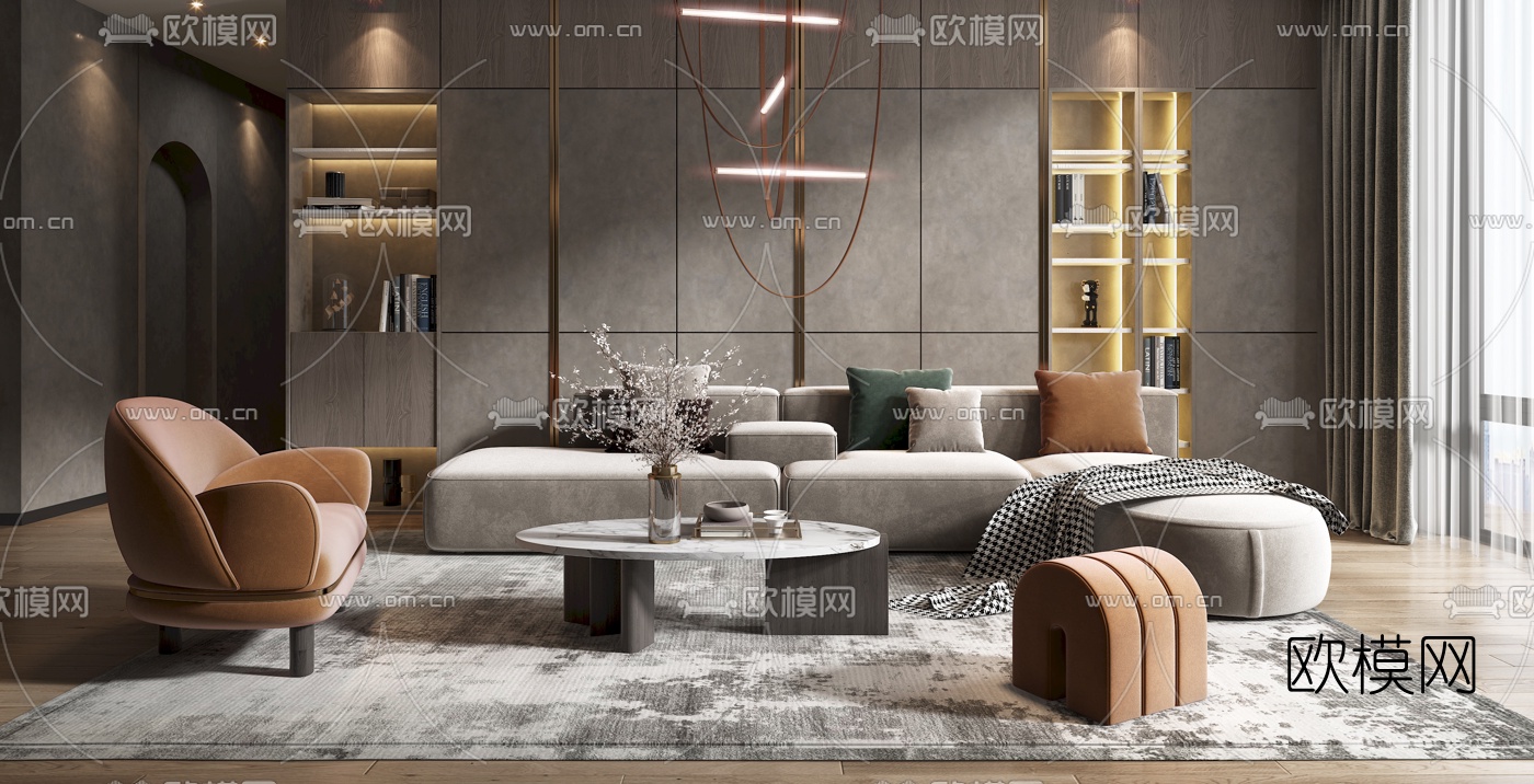 现代布艺转角沙发组合3d模型下载（渲染图2）