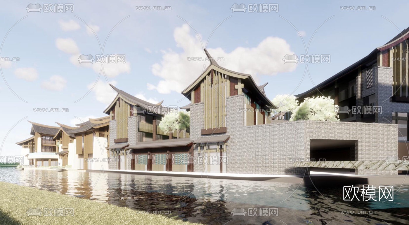 新中式旅游度假小镇外观su模型下载（渲染图2）