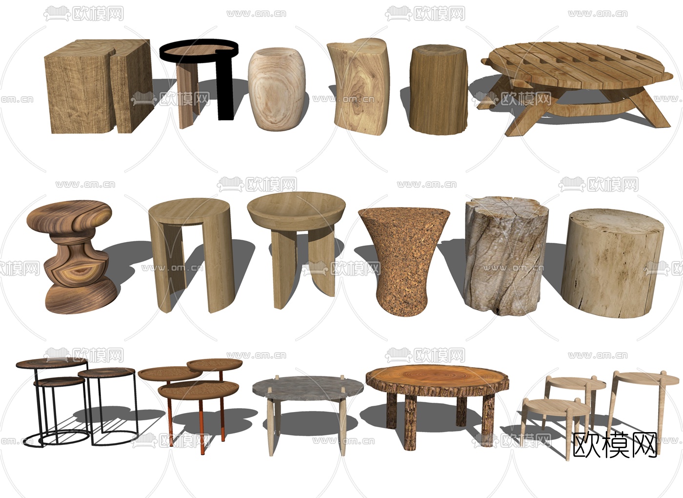 自然风实木茶几凳子su模型下载