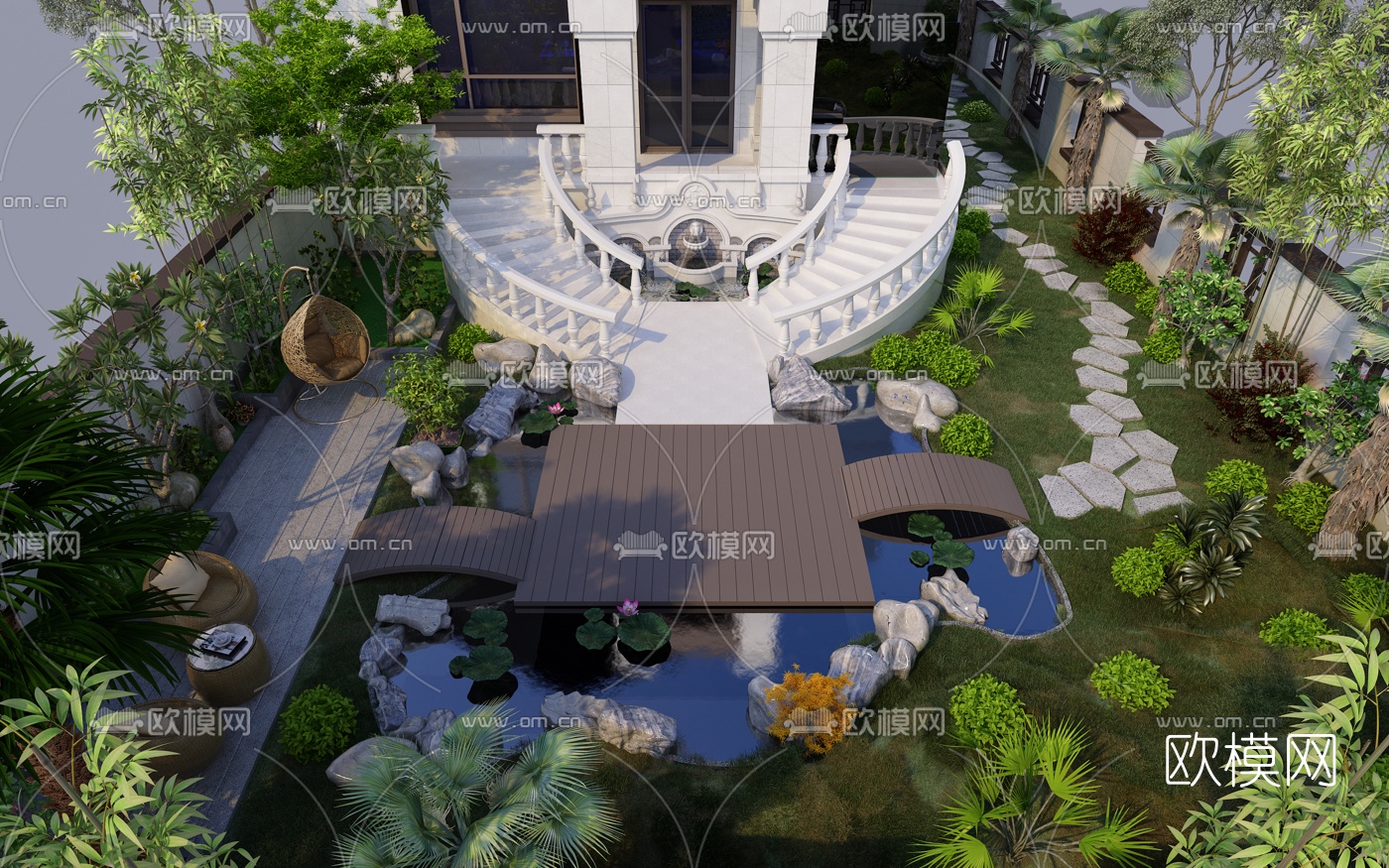欧式别墅花园3d模型下载（渲染图1）