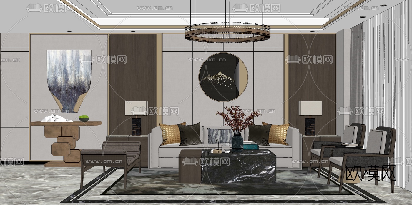 新中式组合沙发su模型下载