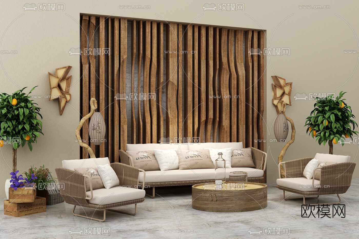 自然风藤编户外沙发组合3d模型下载