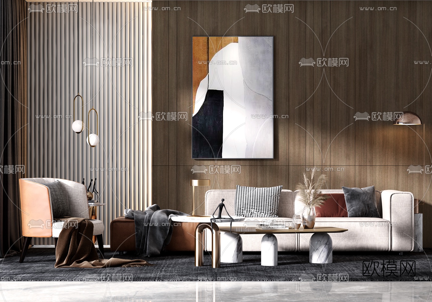 现代布艺沙发组合3d模型-免费3dmax模型库-欧模网