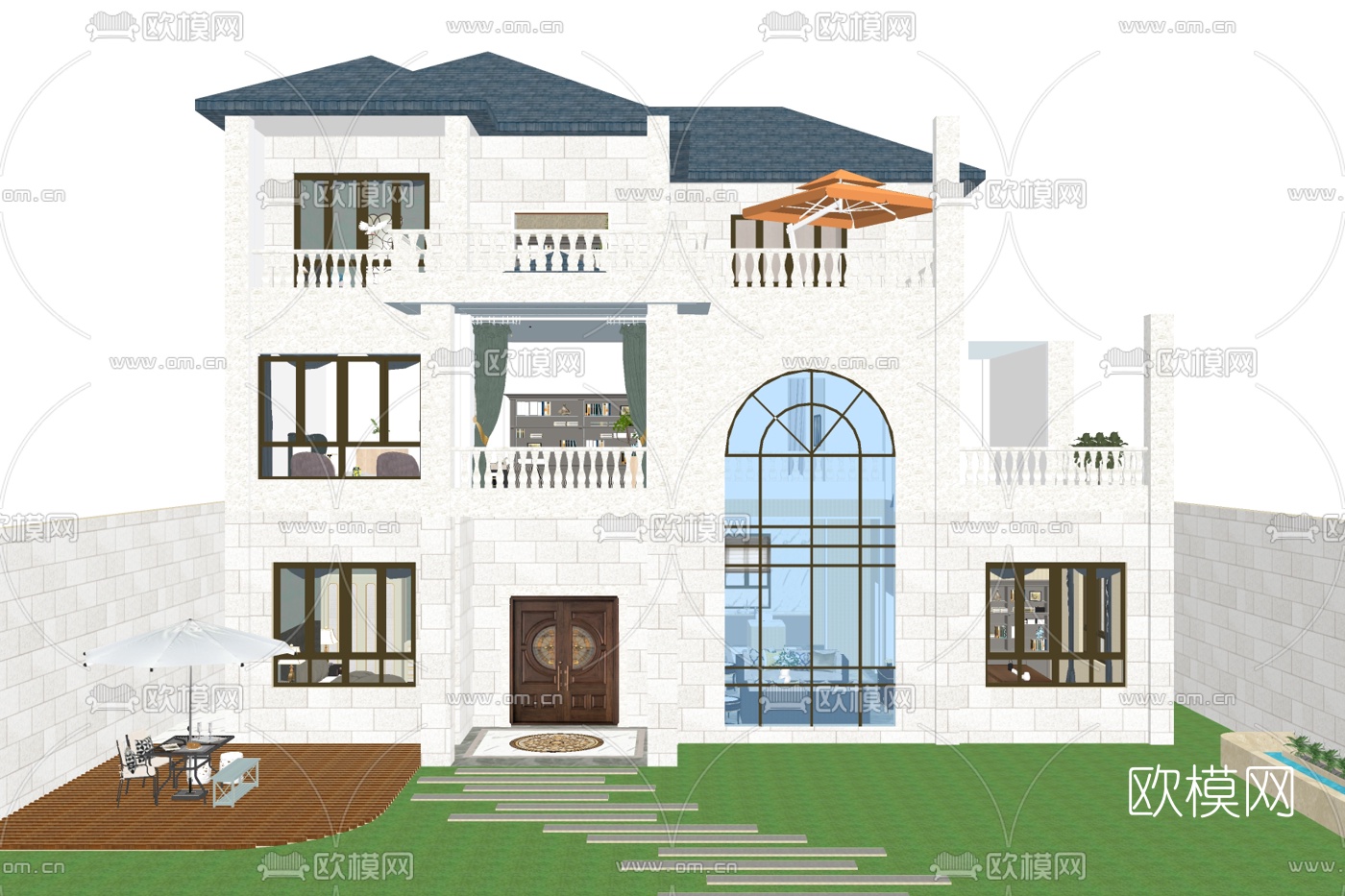 简欧独栋别墅外观su模型下载