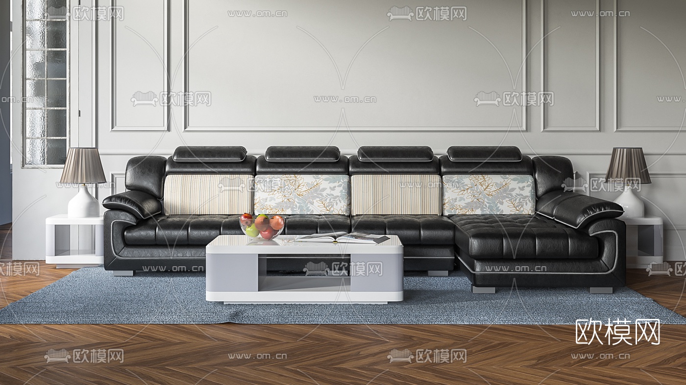 简欧皮革转角沙发组合3d模型