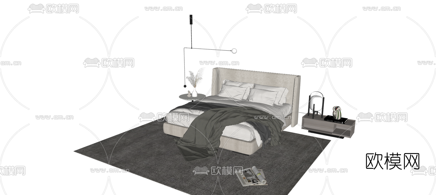 北欧布艺双人床su模型下载（渲染图3）