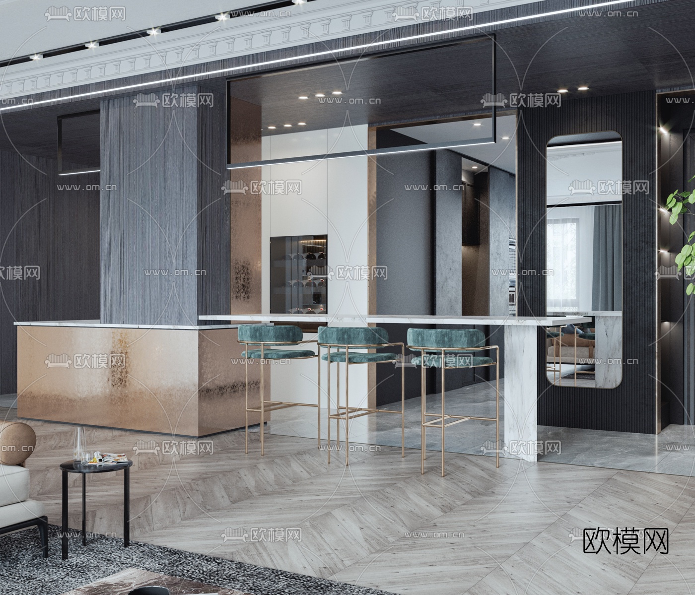 简欧客厅餐厅3d模型下载（渲染图5）