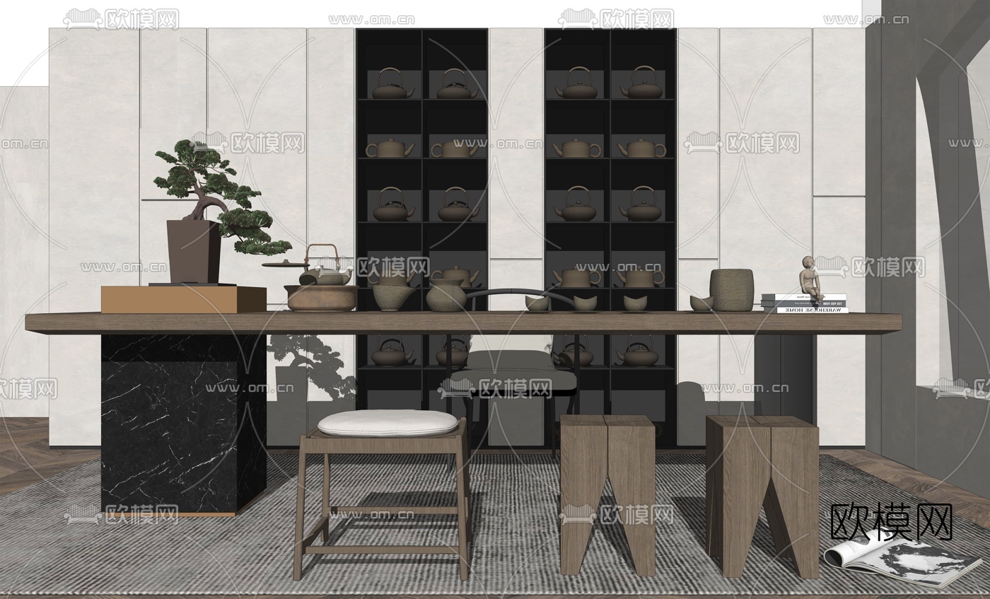 新中式茶桌椅su模型下载